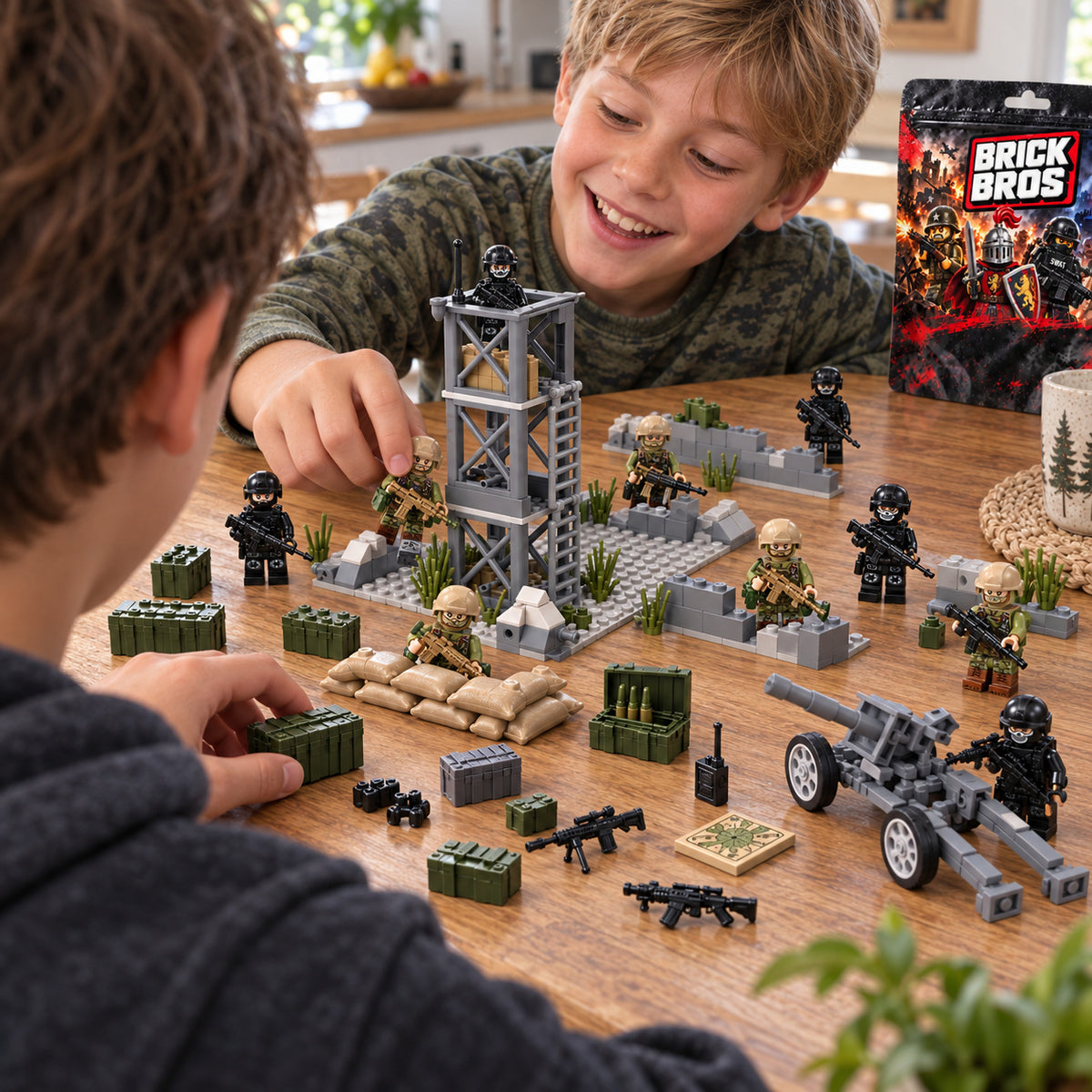 Illustrative over-the-shoulder lifestyle scene of kids playing with Brick Bros figures, a watchtower and field howitzer on a table; scene is inspiration and not exact monthly contents.