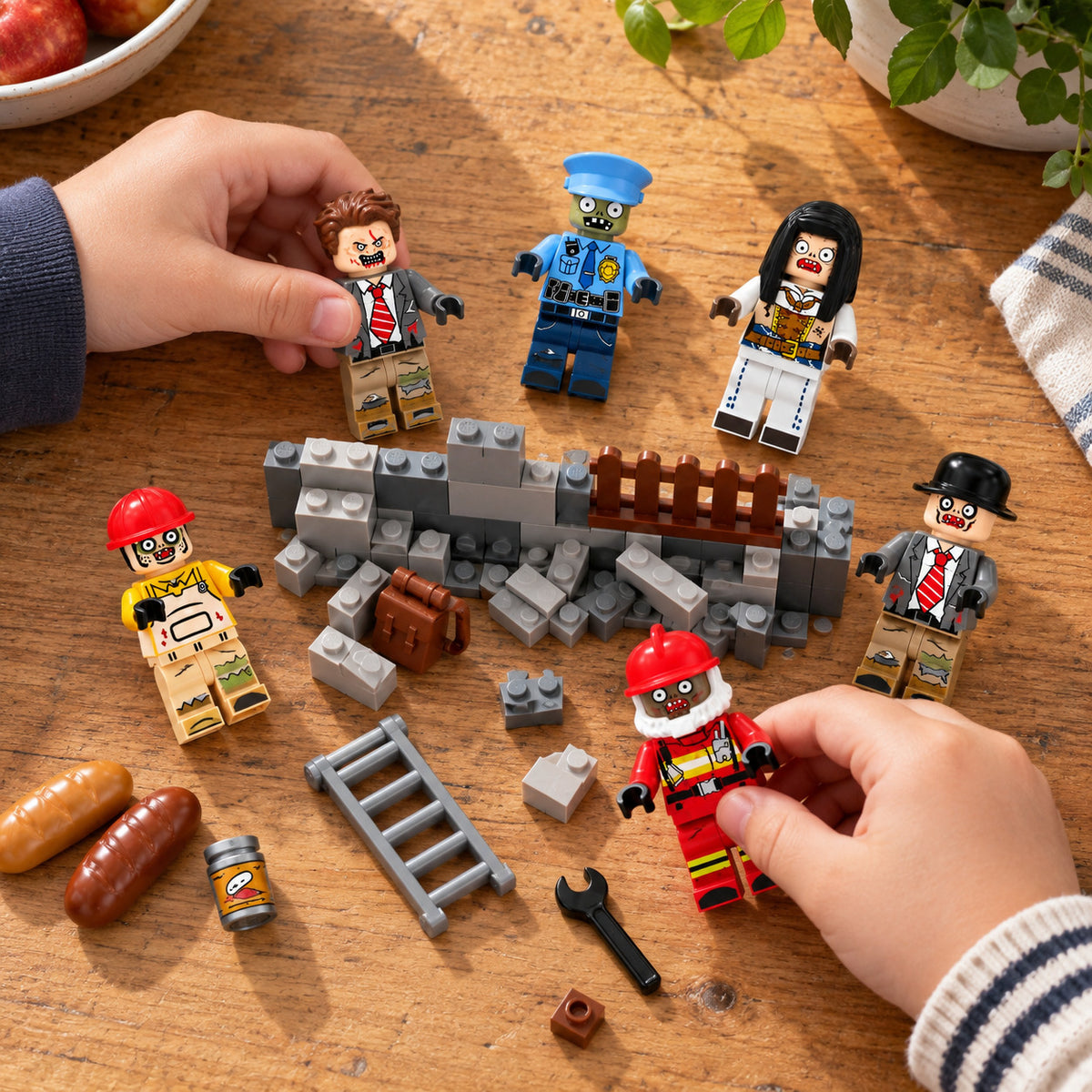 Illustrative overhead play scene with zombie figures and a brick barricade.