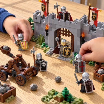 Illustrative tabletop knight castle siege play scene.