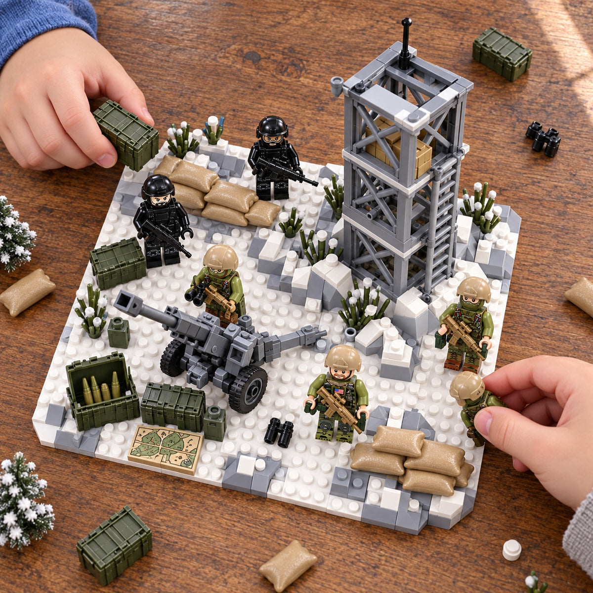 Illustrative winter military tabletop play scene with watchtower, sandbags and figures.