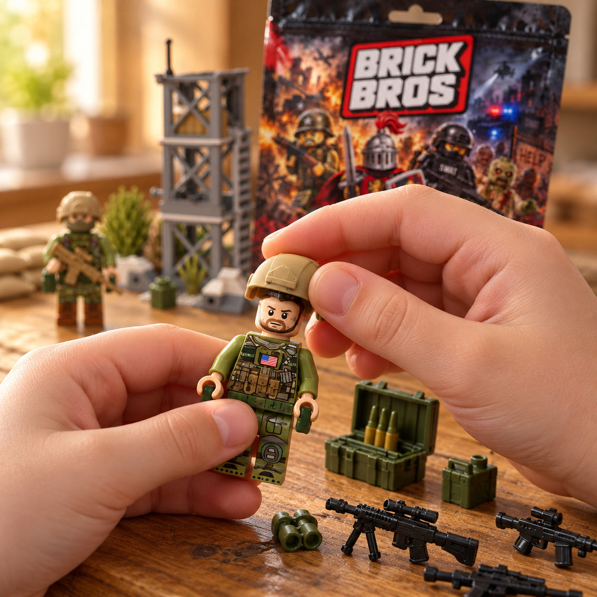 Illustrative close-up of hands adding a helmet to a Brick Bros figure.