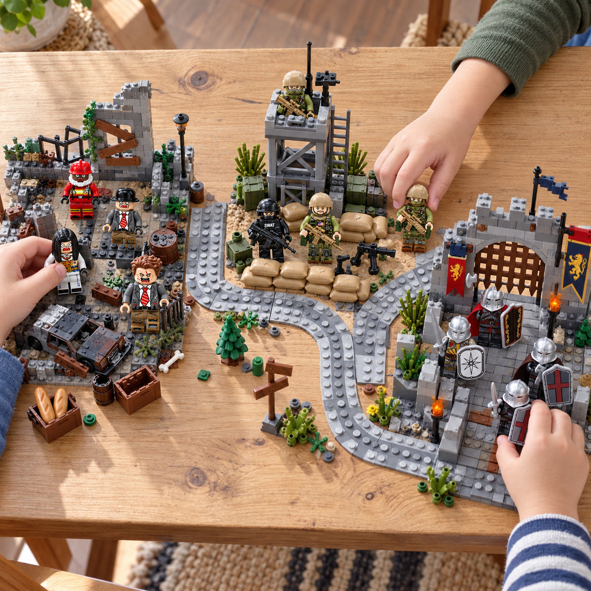 Illustrative overhead play scene connecting zombies, military and knights on one table.