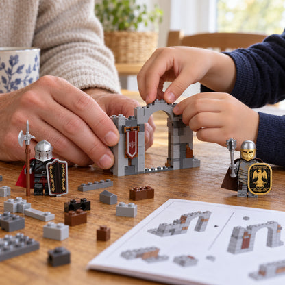 Illustrative parent and child hands building a medieval brick gate together.