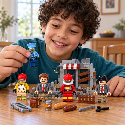 Illustrative child proudly showing a tabletop zombie scene and blue zombie figure.