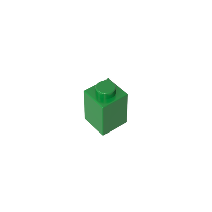 Green 1x1 building brick, compatible standard shape reference