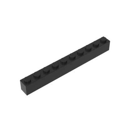 Black 1x10 building brick, compatible standard shape reference