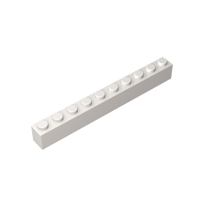 White 1x10 building brick, compatible standard shape reference