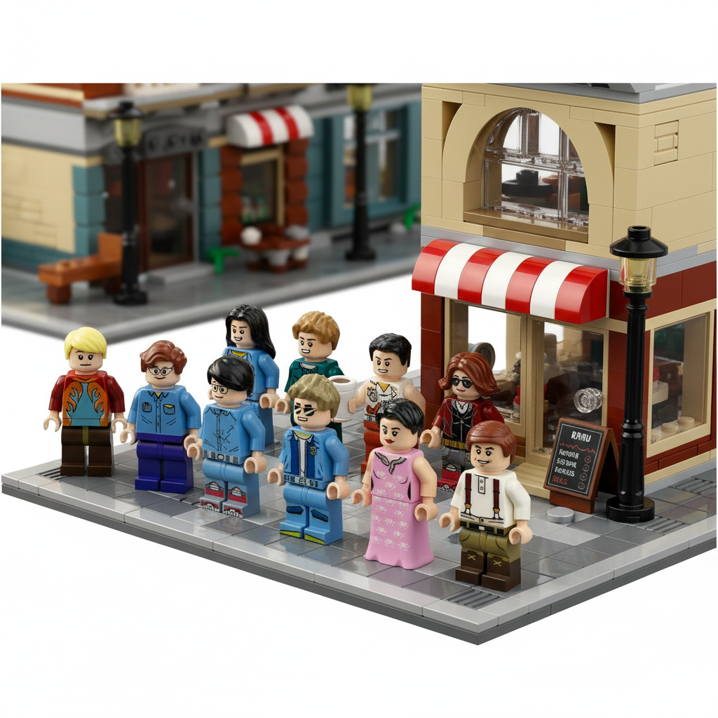 Modern People minifigures on a brick-built city sidewalk beside a cafe