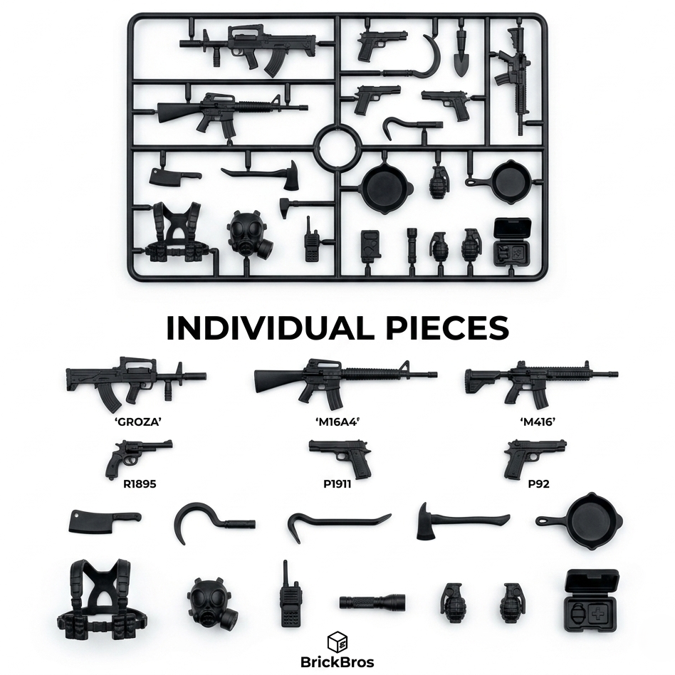 BrickBros 20+ Piece Ultimate Military Weapons & Gear Set — GROZA, M16A4, M416, Pistols, Axes, Med Kit & More | 20+ Pieces