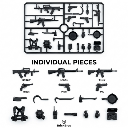 BrickBros 20+ Piece Ultimate Military Weapons & Gear Set — GROZA, M16A4, M416, Pistols, Axes, Med Kit & More | 20+ Pieces
