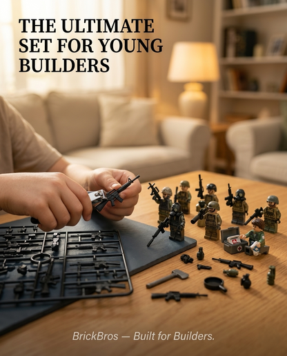 BrickBros 20+ Piece Ultimate Military Weapons & Gear Set — GROZA, M16A4, M416, Pistols, Axes, Med Kit & More | 20+ Pieces