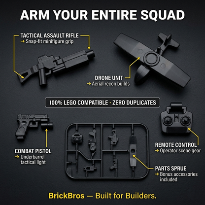 BrickBros Military Weapons Pack — Assault Rifle, Combat Pistol, Drone Unit & Remote