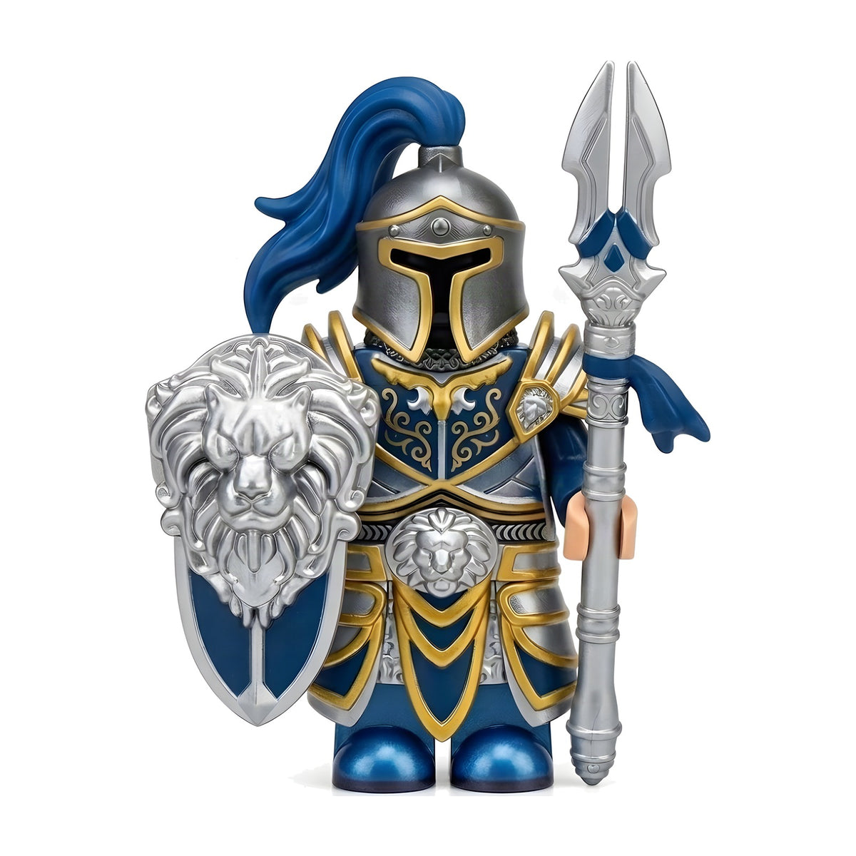Royal Lion Guard Knight minifigure with silver lion crest shield and ornate spear, on white