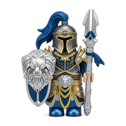 Royal Lion Guard Knight minifigure with silver lion crest shield and ornate spear, on white