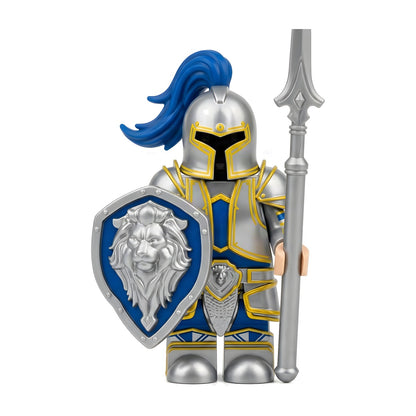 Tactical Lion Guard Knight minifigure with blue lion crest shield and ornate spear, on white