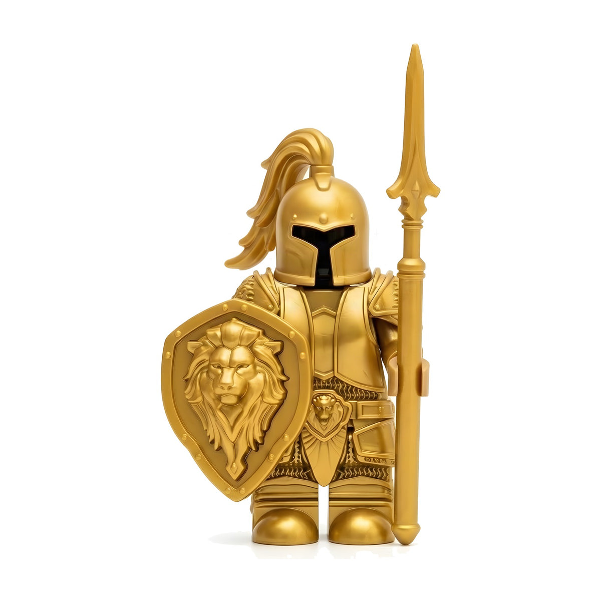 Yellow Gold Lion Guard Knight minifigure with gold lion crest shield and ornate spear, on white