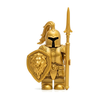 Yellow Gold Lion Guard Knight minifigure with gold lion crest shield and ornate spear, on white