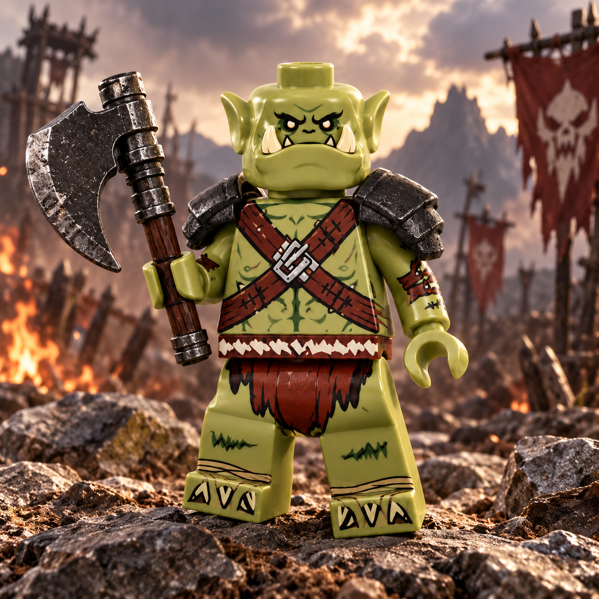 Green Orc Warrior Minifigure in fantasy battle scene
