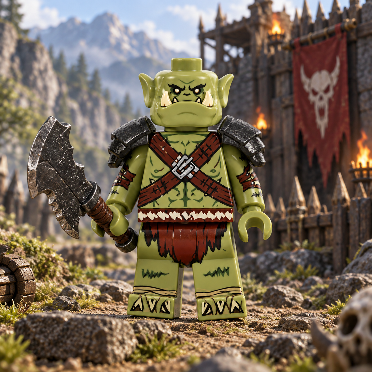 Green Orc Warrior Minifigure at fantasy fortress