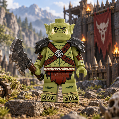 Green Orc Warrior Minifigure at fantasy fortress