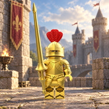 Gold Plume Gothic Knight minifigure in a medieval castle courtyard lifestyle scene