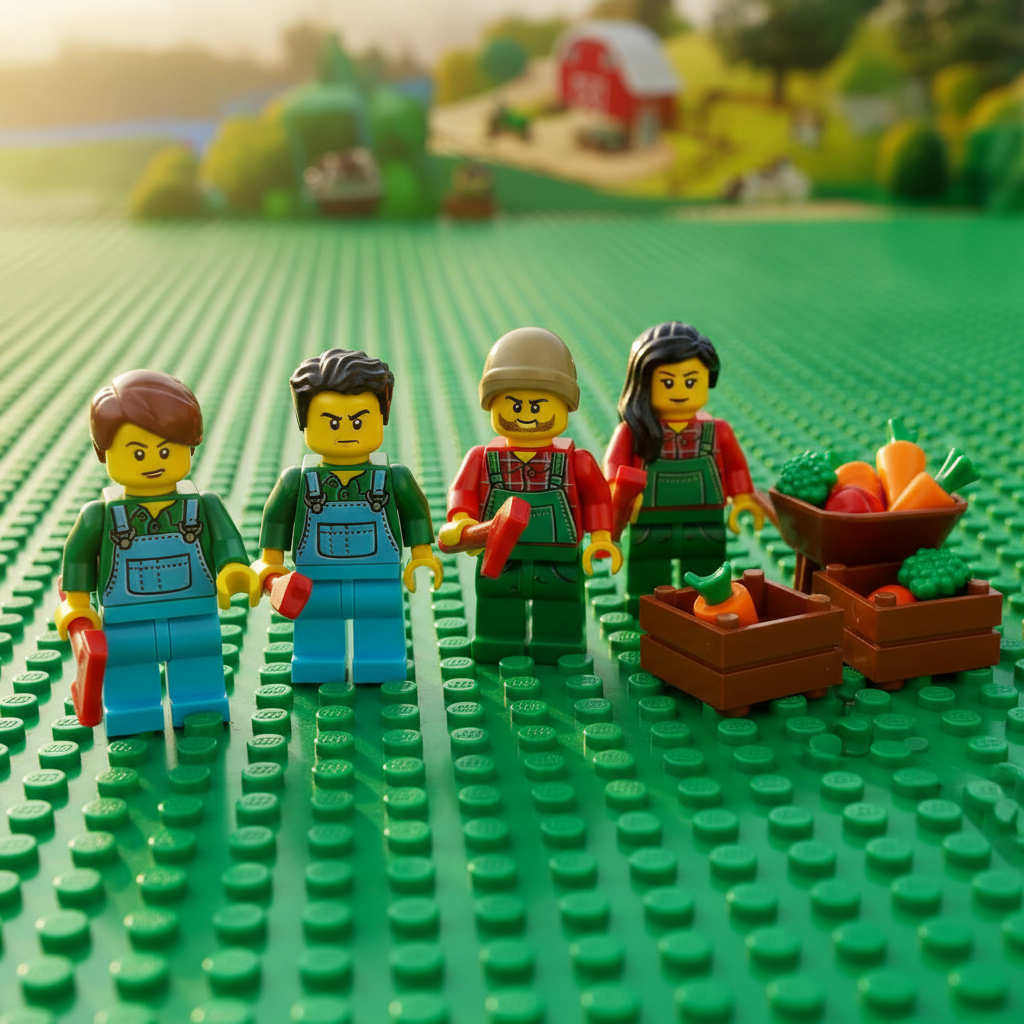 Farmer minifigures in a brick-built field with crates of vegetables