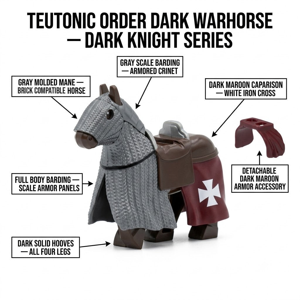 Gray molded mane warhorse minifigure accessory, brick compatible horse