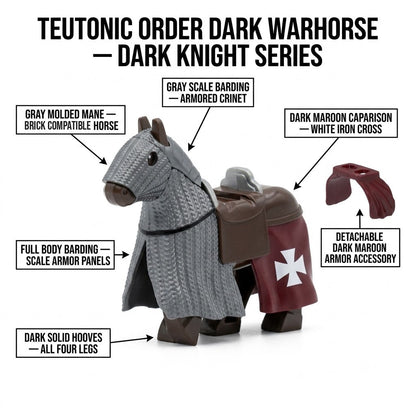 Gray molded mane warhorse minifigure accessory, brick compatible horse