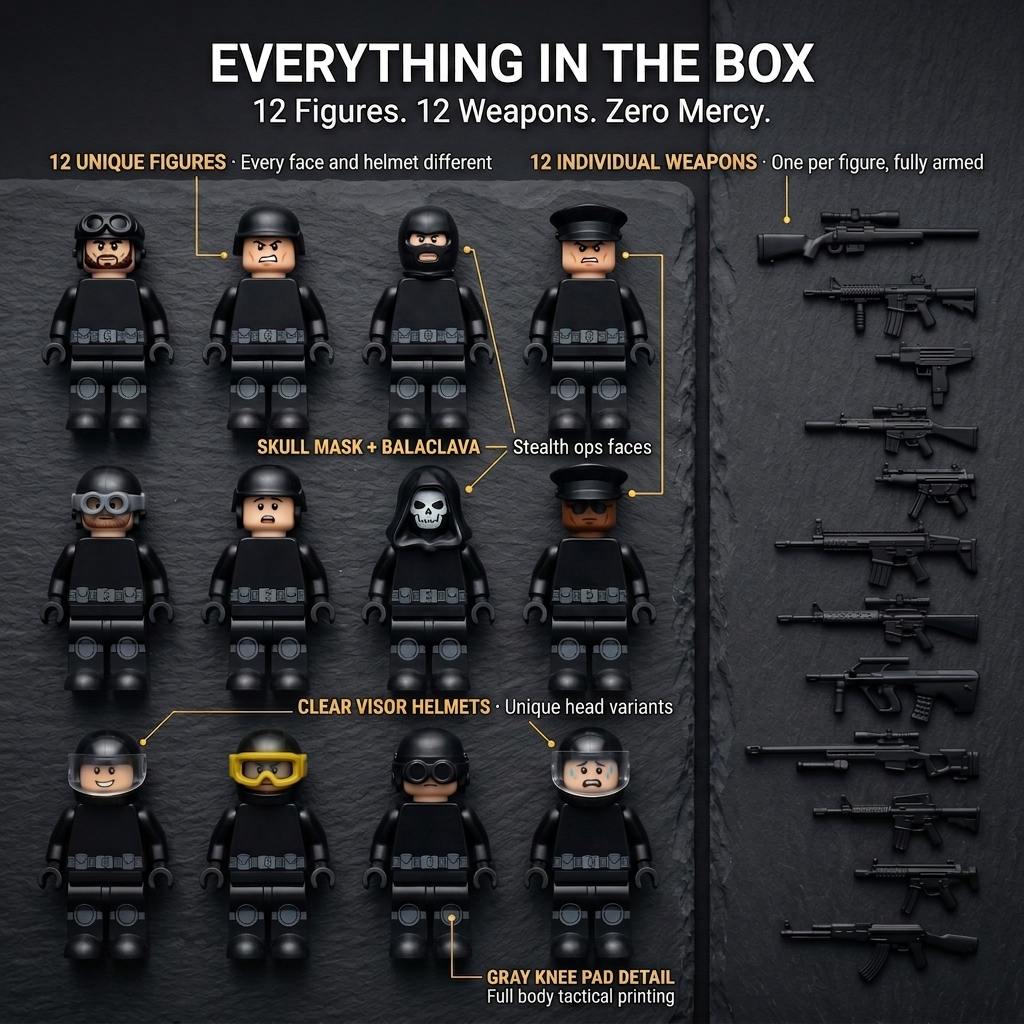 SWAT Special Ops Night Unit — 12 All-Black Figures