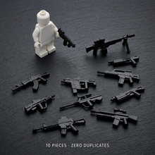 10 Black Military Minifigure Weapons — AK Rifle, Sniper, LMG, SMG, Bullpup & More