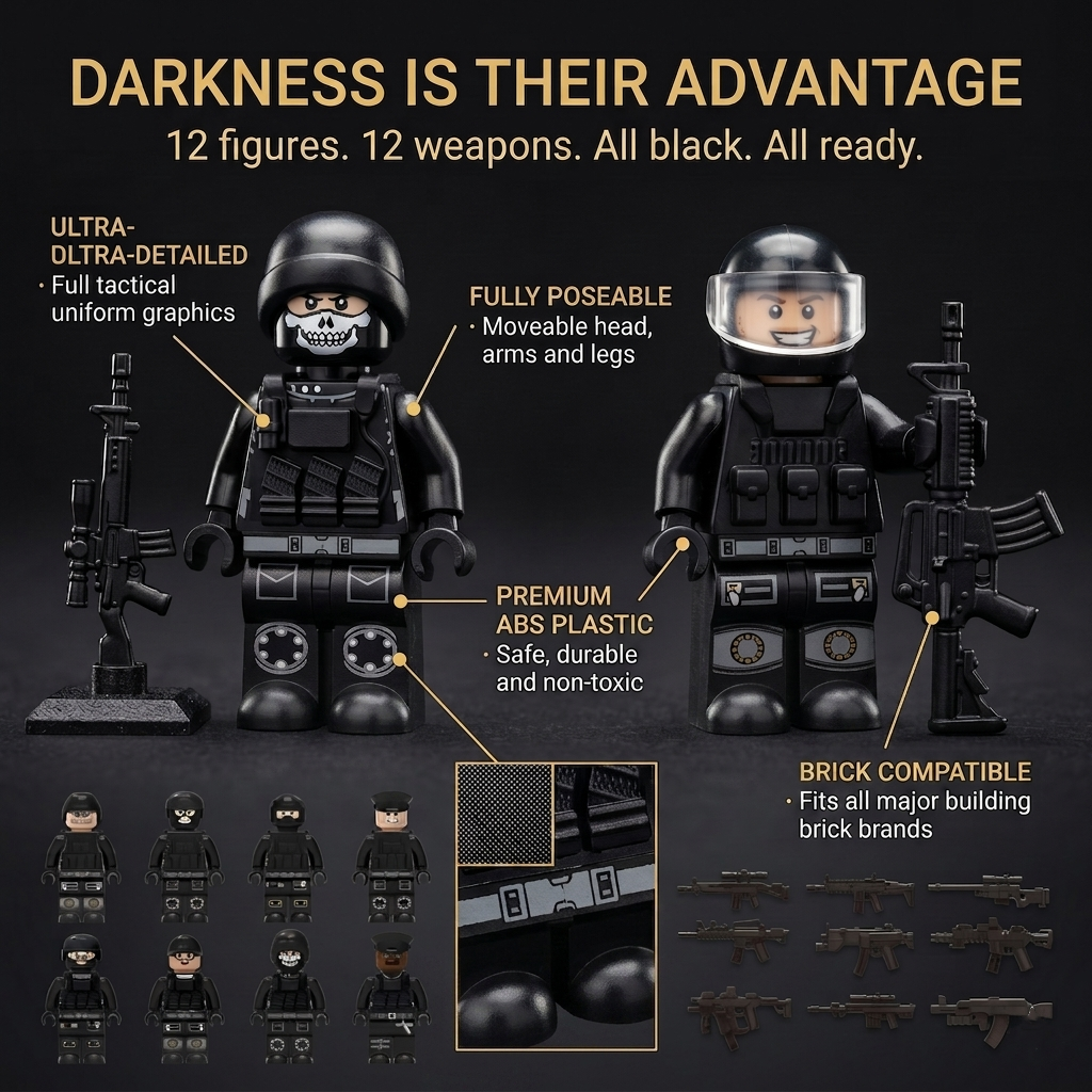 SWAT Special Ops Night Unit — 12 All-Black Figures