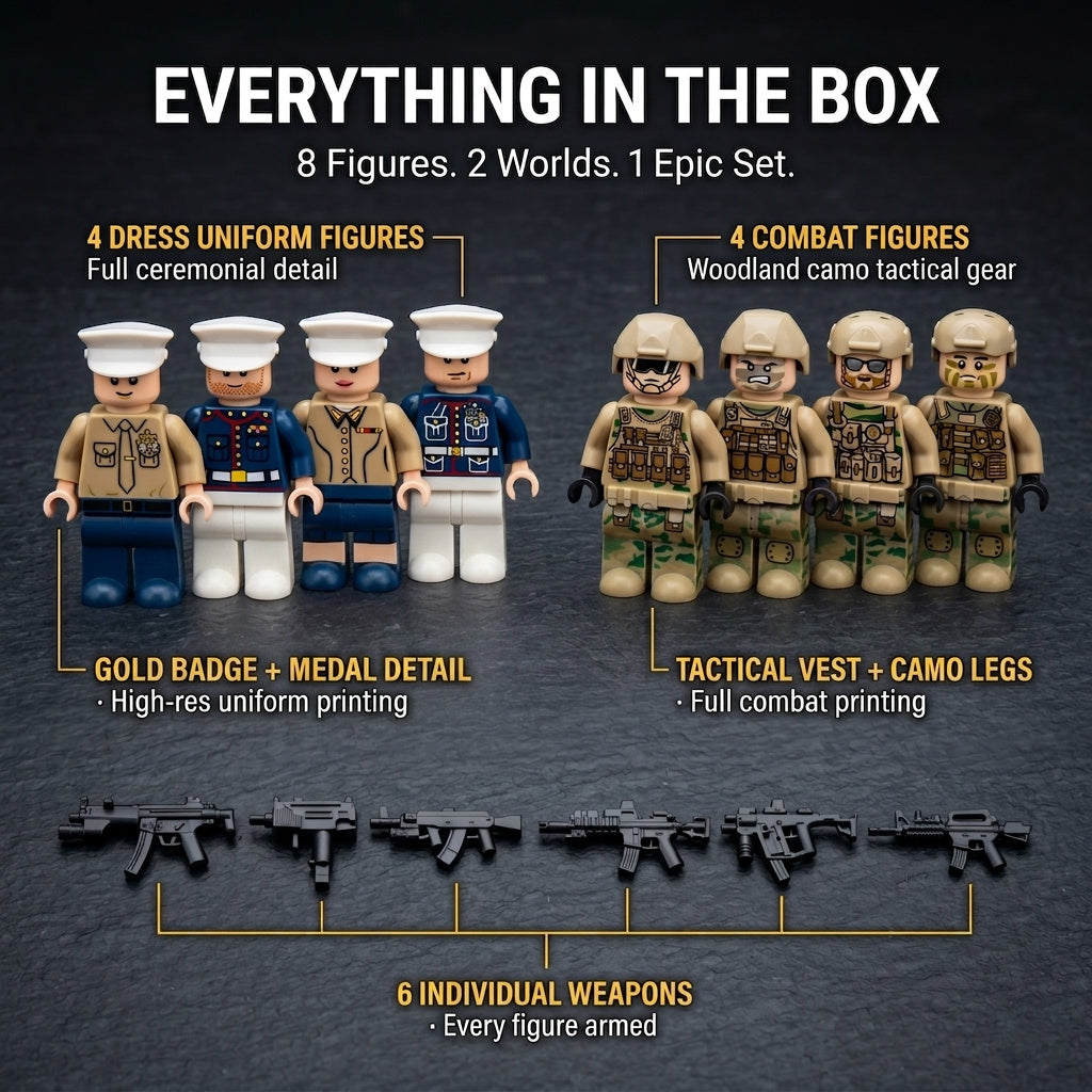 Close view of the US Marines dress uniform figures with white peaked caps, gold buttons, medal ribbons and rank insignia