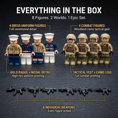 Close view of the US Marines dress uniform figures with white peaked caps, gold buttons, medal ribbons and rank insignia