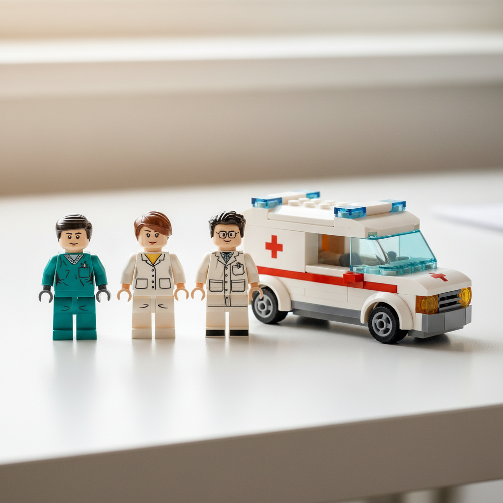 Medical minifigures beside a brick-built ambulance