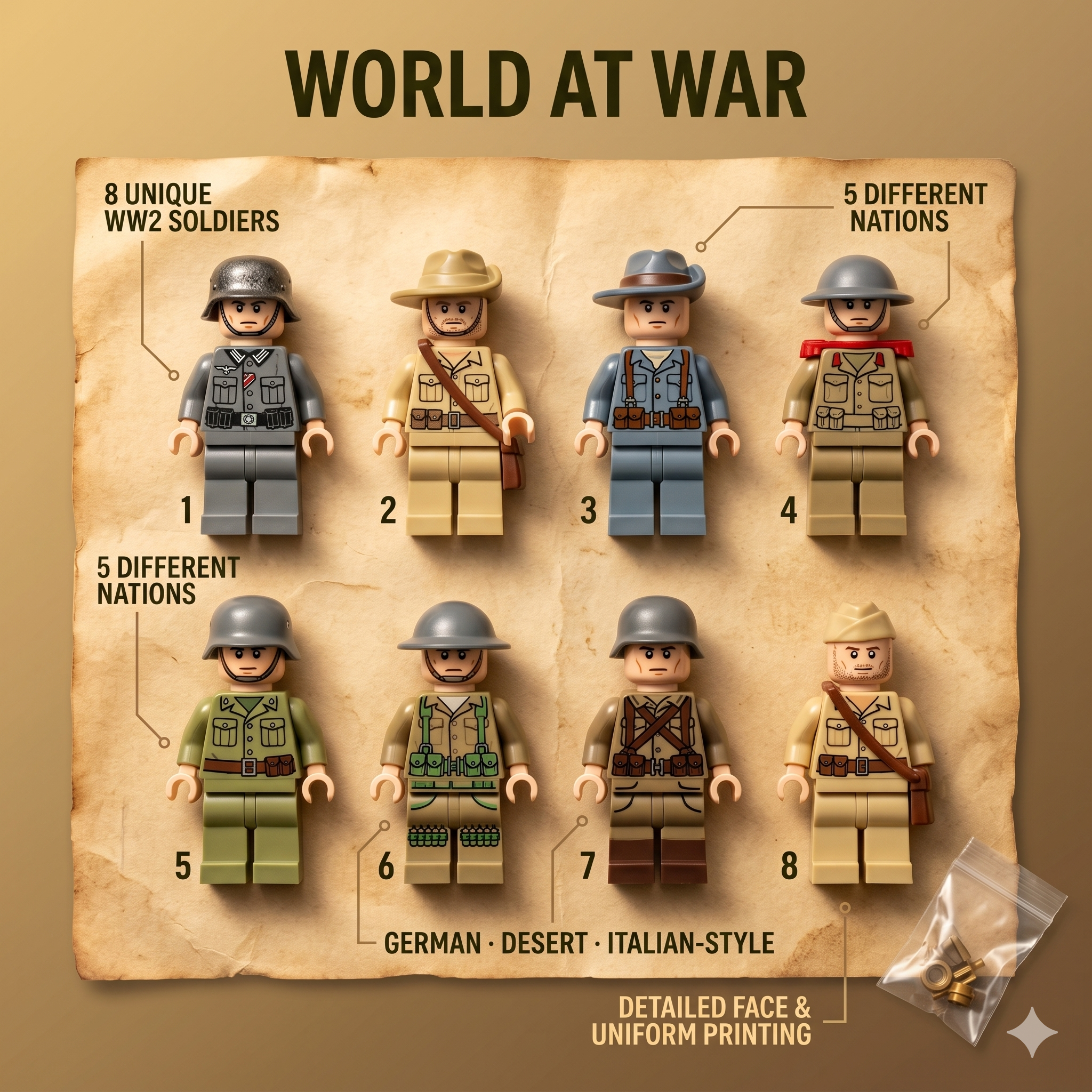 WW2 Multi-Nation Set — 8 Soldiers