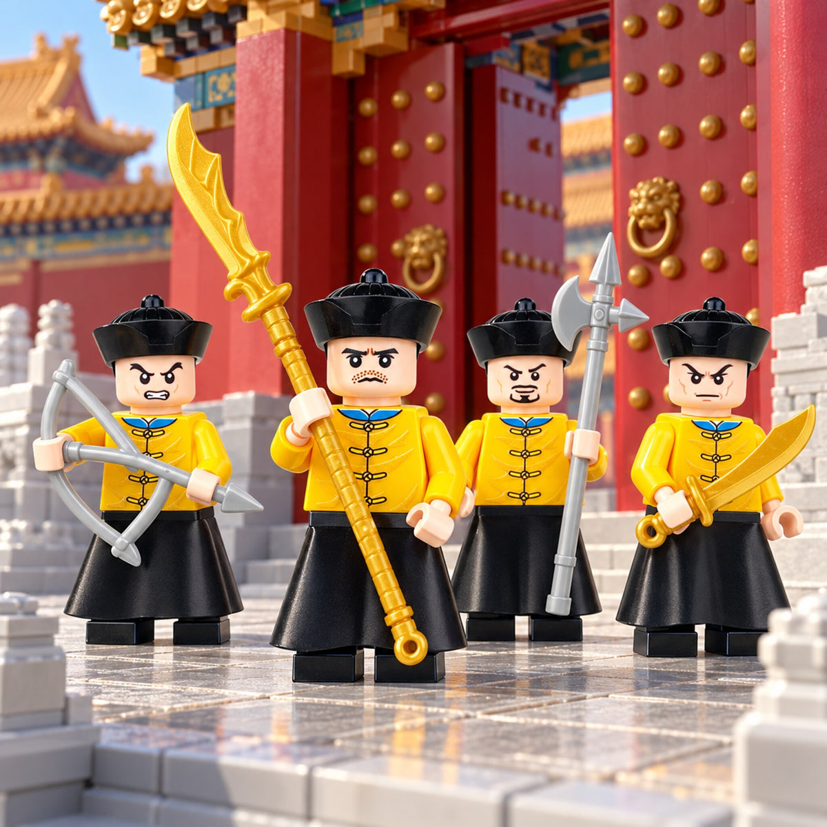 Detail scene featuring four figures from the twelve-piece Qing Dynasty palace guard set