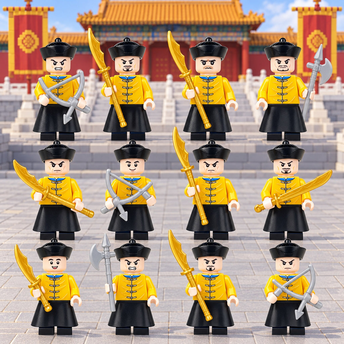 Twelve Qing Dynasty palace guard minifigures arranged in a palace courtyard