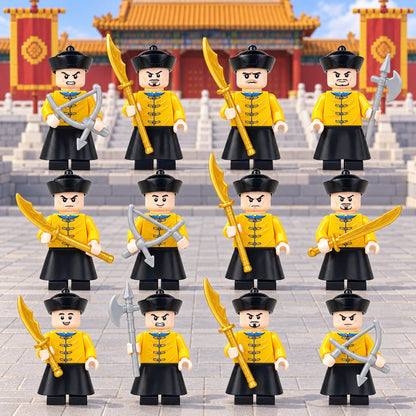 Twelve Qing Dynasty palace guard minifigures arranged in a palace courtyard