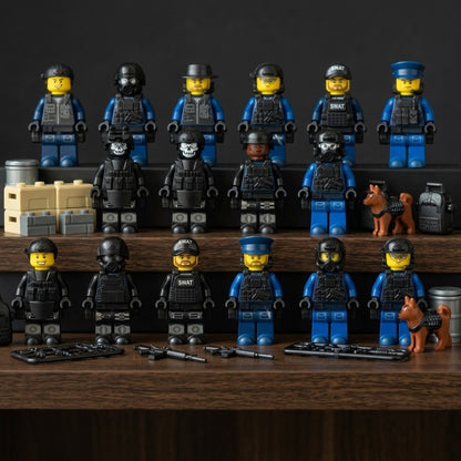 SWAT Tactical Police Minifigure Set — Elite Unit with K-9 Support, Black Tactical Gear, and Full Weapons Arsenal