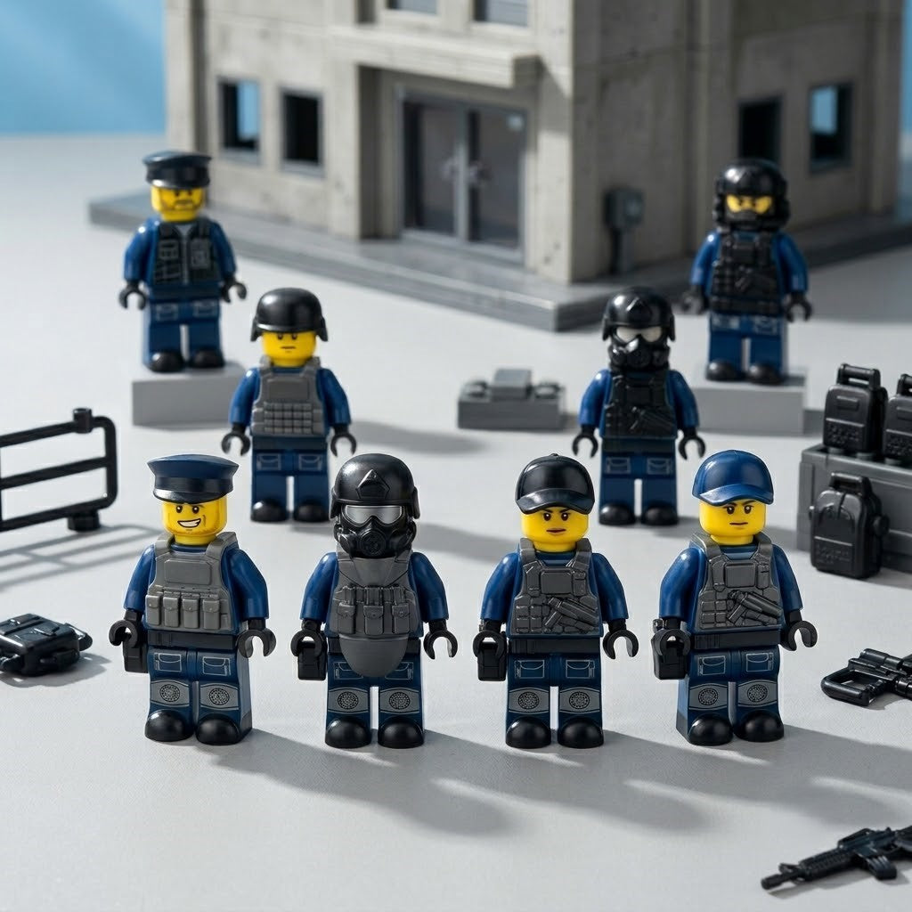SWAT Tactical Police Minifigure Set — Elite Unit with K-9 Support, Black Tactical Gear, and Full Weapons Arsenal
