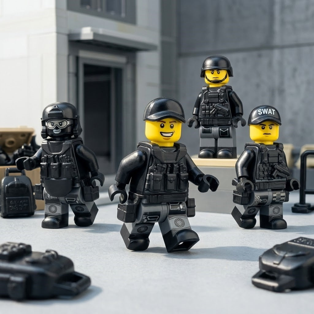 SWAT Tactical Police Minifigure Set — Elite Unit with K-9 Support, Black Tactical Gear, and Full Weapons Arsenal