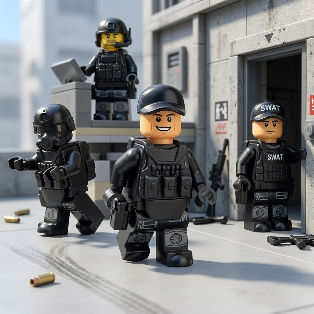 SWAT Tactical Police Minifigure Set — Elite Unit with K-9 Support, Black Tactical Gear, and Full Weapons Arsenal