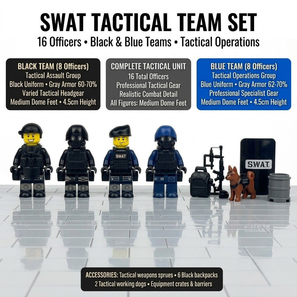 SWAT Tactical Police Minifigure Set — Elite Unit with K-9 Support, Black Tactical Gear, and Full Weapons Arsenal