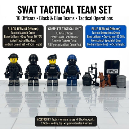 SWAT Tactical Police Minifigure Set — Elite Unit with K-9 Support, Black Tactical Gear, and Full Weapons Arsenal