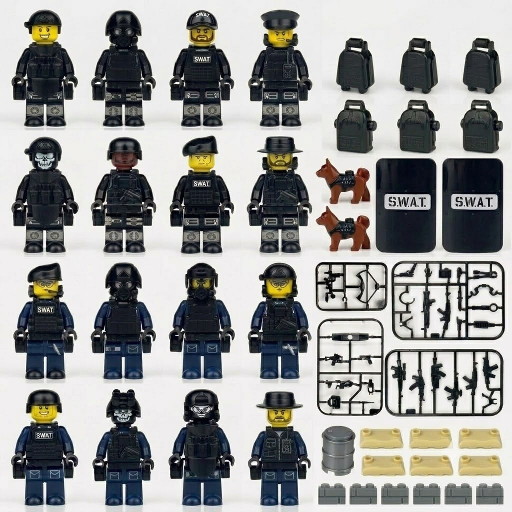 SWAT Tactical Police Minifigure Set — Elite Unit with K-9 Support, Black Tactical Gear, and Full Weapons Arsenal