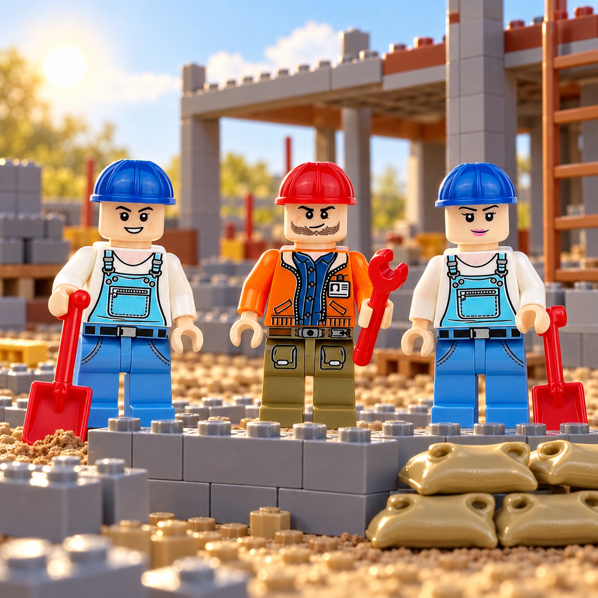 Construction Groundwork Crew at work in a decorative brick-built scene. Scenery not included.