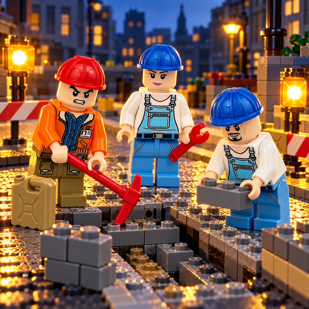 Construction Groundwork Crew at work in a decorative brick-built scene. Scenery not included.