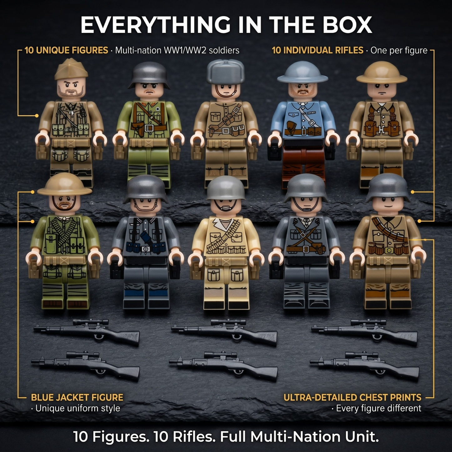 WWI/WW2 Multi-Nation Minifigures — 10 Figures