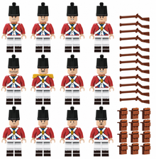 Twelve redcoat soldier figures with twelve muskets and twelve backpacks