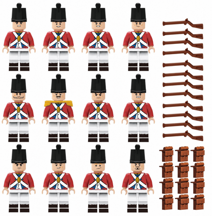 Twelve redcoat soldier figures with twelve muskets and twelve backpacks